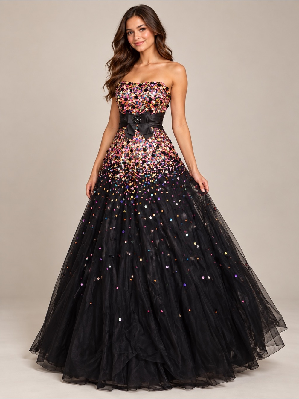 Y2K Tiffany Designs Size 4 Black Rainbow Sequin Prom Ball Gown